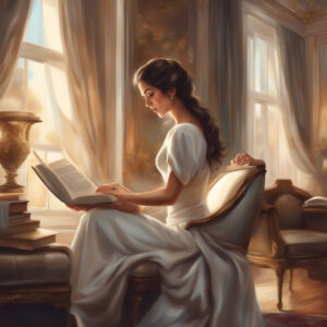 Beautiful woman reading a book in a luxurious room in realistic painting styleで生成した画像