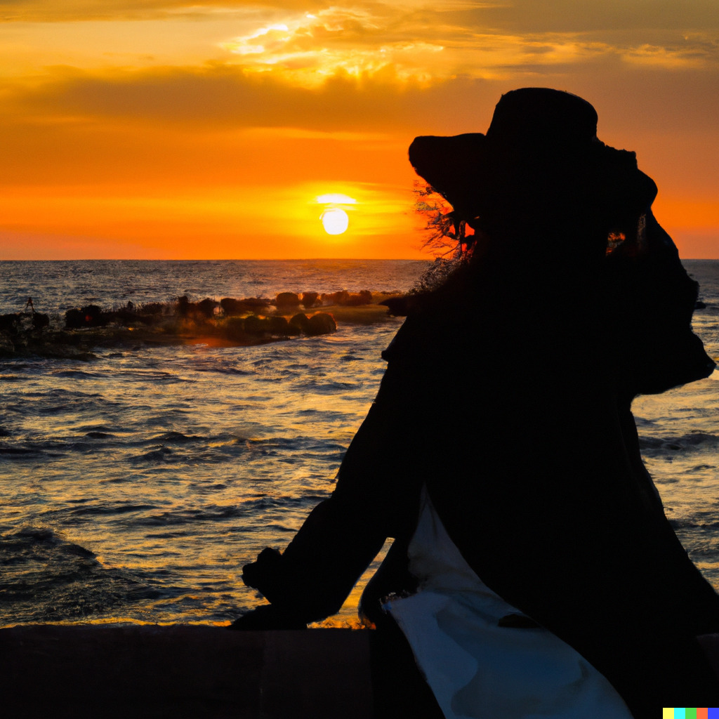 DALL-E2を用いて生成したオレンジ色の夕日が沈む海辺で、砂浜に座ってくつろぐ美しい女性