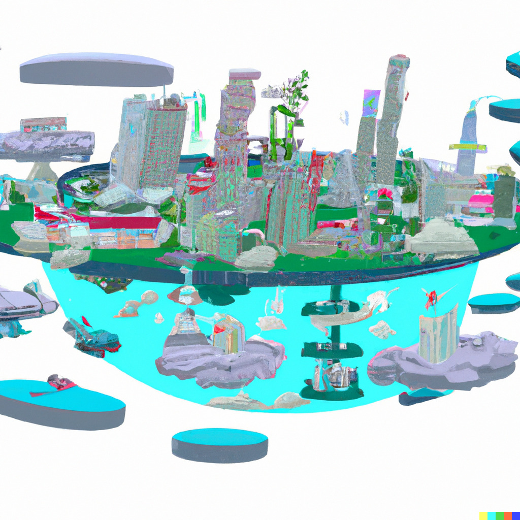 A floating city with futuristic architecture(フューチャリスティックな浮遊都市)というプロンプトをもとにDALL-E2で生成した画像