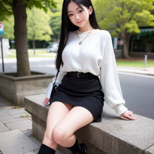 白いニットを着た、黒髪で長髪の、美しい日本人の女性