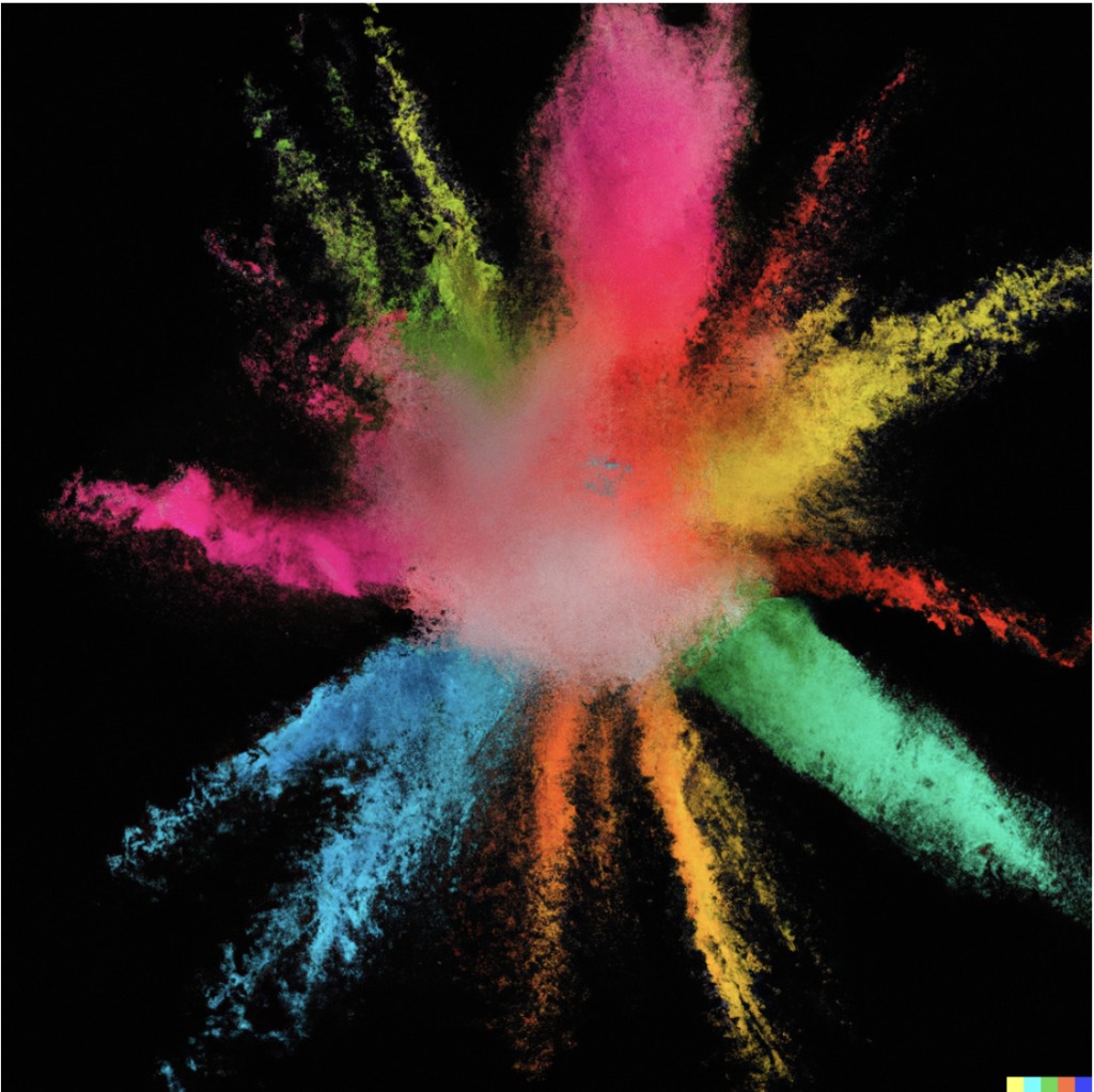A centered explosion of colorful powder on a black background(黒い背景の上で中央で爆発するカラフルな粉)というプロンプトを元に生成されたDALLEの画像