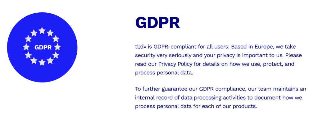 tl;dvがデータ保護規約であるGDPRに準拠していることを示す画像。
