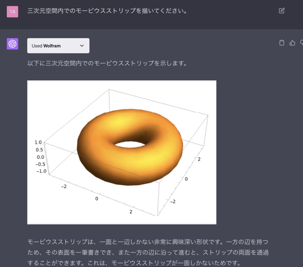 Wolframを導入したChatGPTが出力した3次元平面上のドーナツ型図形