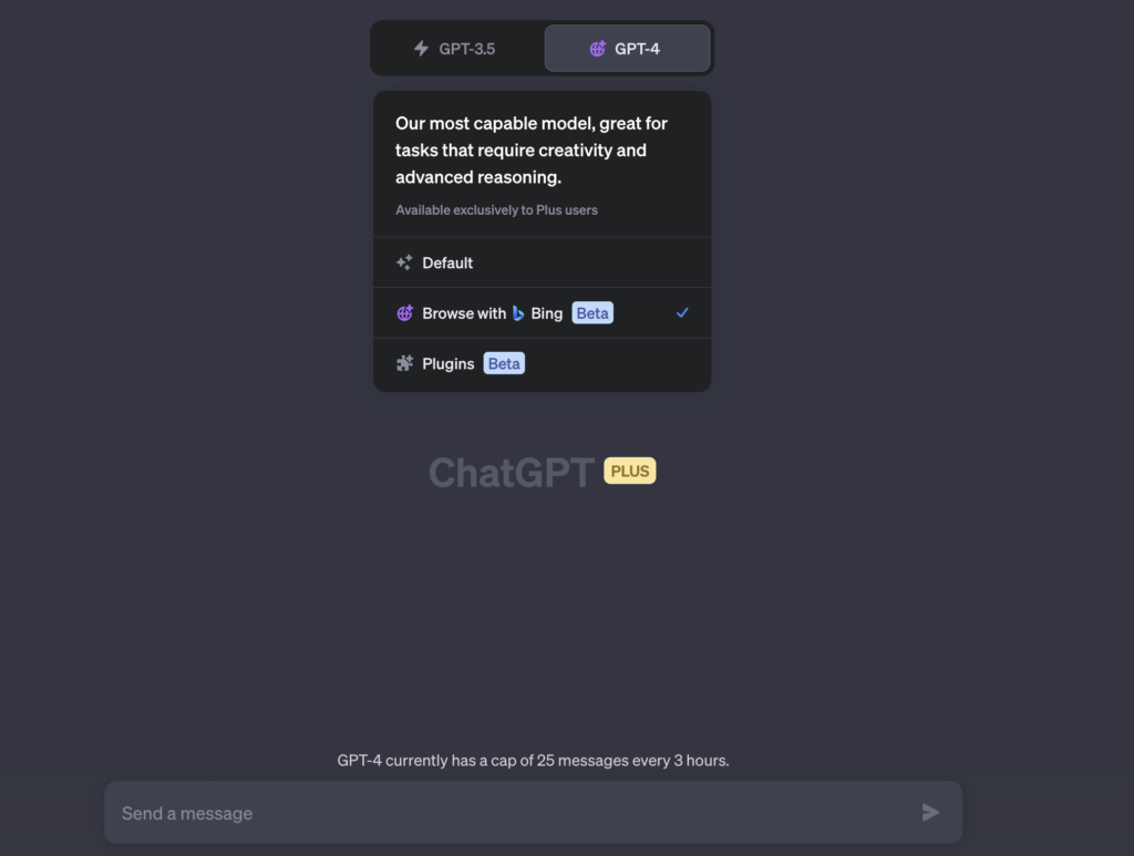 ChatGPT Plusに加入後はGPT4が利用可能になったことを示す画面