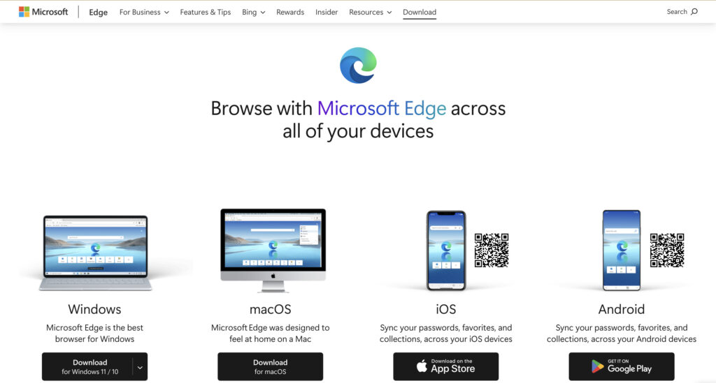 各デバイスごとの『Microsoft edge』のインストール画面