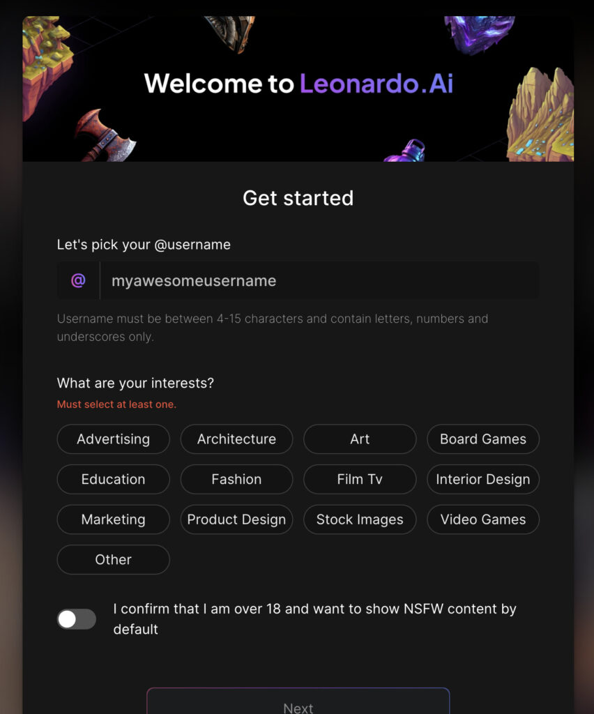 『Leonardo AI』に自分の興味やユーザー名を伝える画面