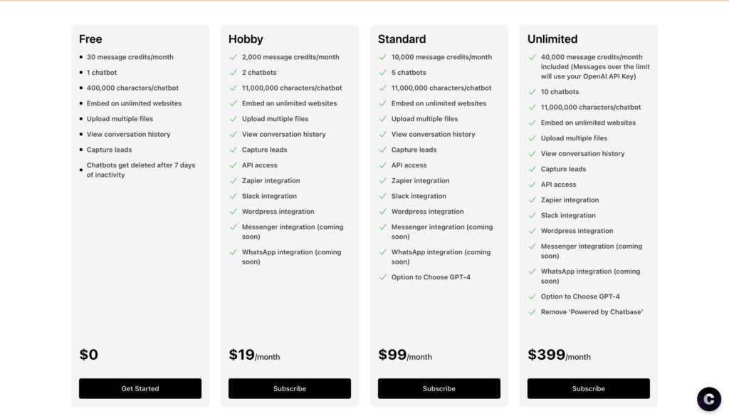 『ChatBase』の料金表