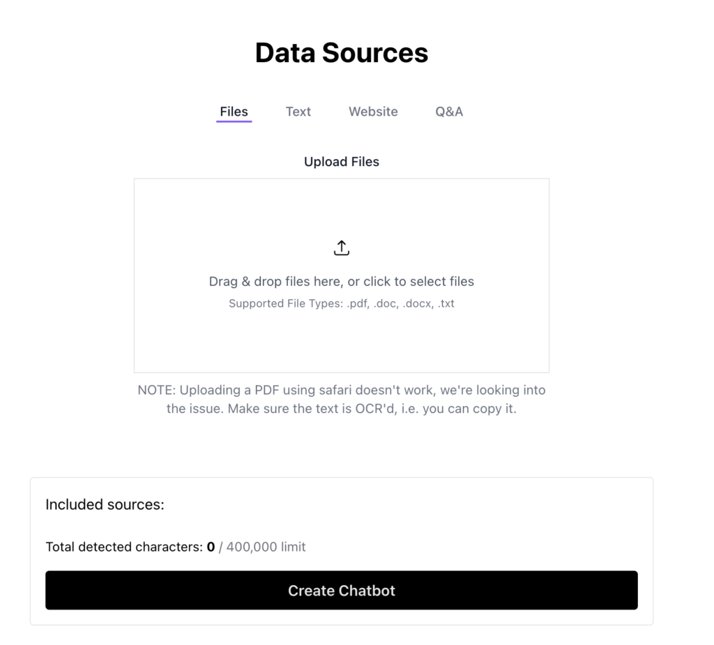 『ChatBase』にファイル形式のデータを学習させる画面