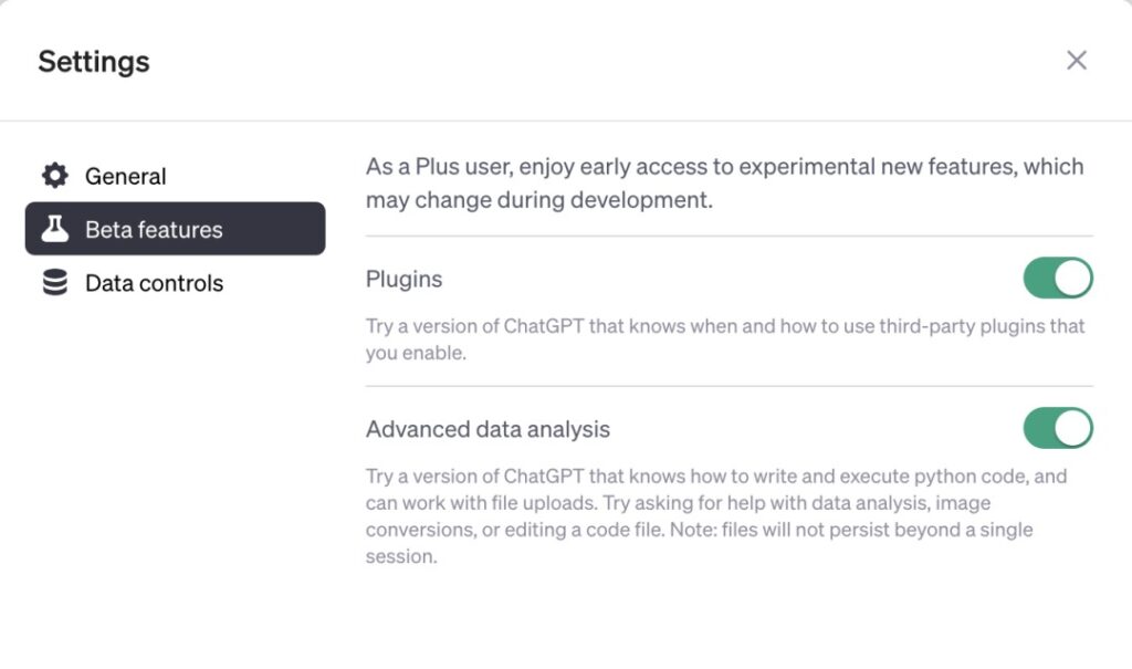 ChatGPTのpluginとAdvanced Data Analysisを起動するときの画像