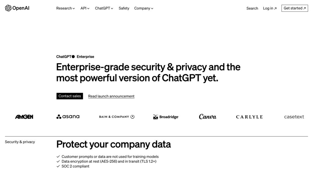 OpenAIの『ChatGPT Enterprise』紹介ページ