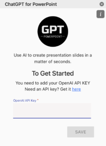 powerpointのChatGPTアドインでChatGPT API keyを入力するときの画像