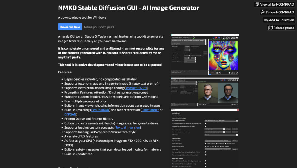 『NMKD Stable diffusion GUI』のホーム画面