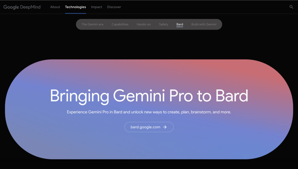 Geminiの公式サイトでBardでGeminiを使えるリンクが書かれている箇所を示している