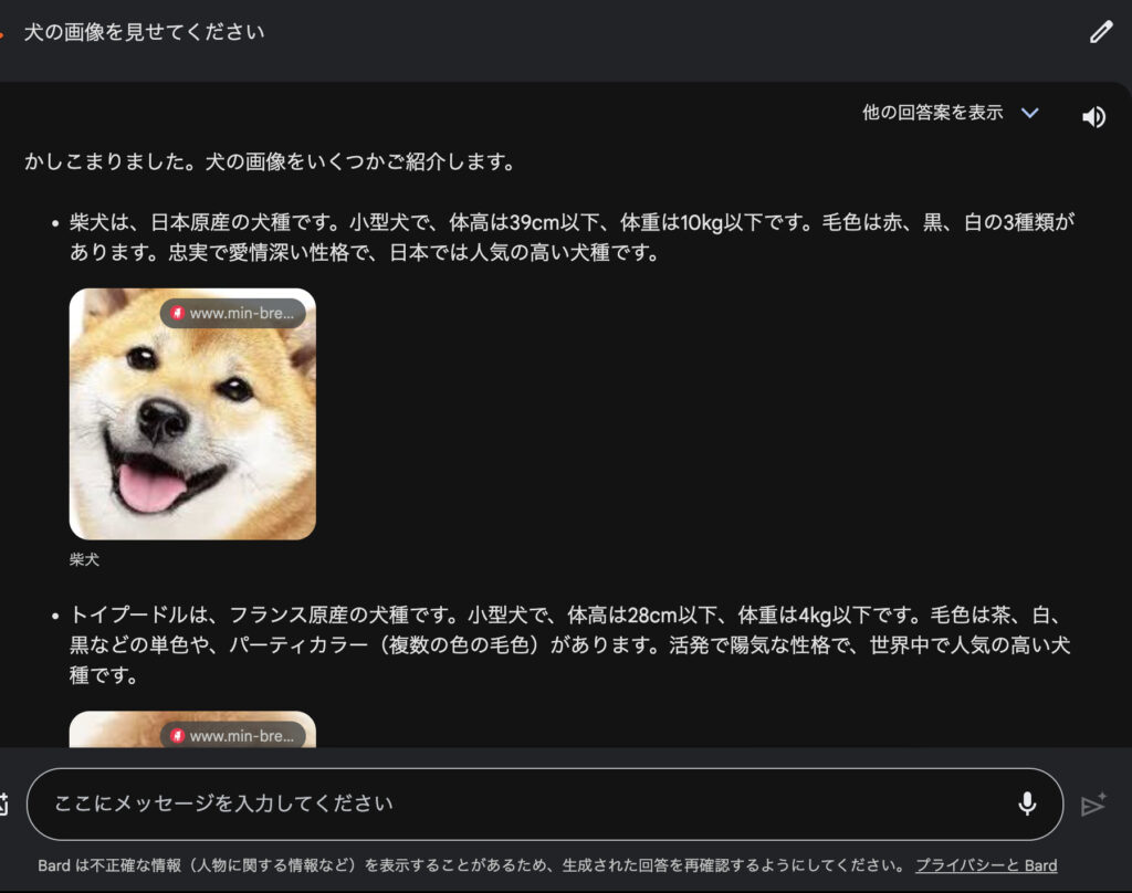 Geminiで同じように犬の画像を見せてほしいと指示した場合の返答画面
