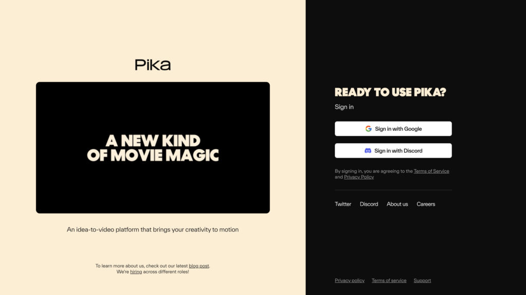 Pikaの公式サイトのホーム画面