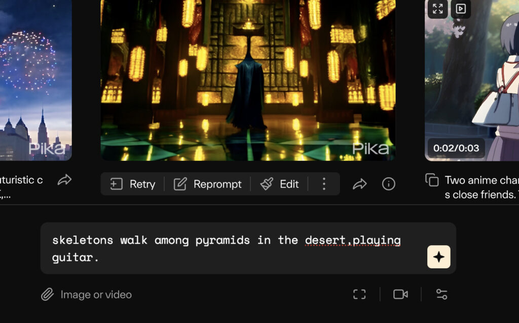 実際にテキストプロンプトをPikaに入力している様子skeletons walk among pyramids in the desert,playing guitar.と入力してある。