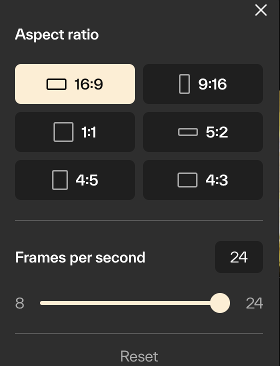 Video Optionsの画面を開いた画像 動画の縦横比とフレーム速度を調整できる