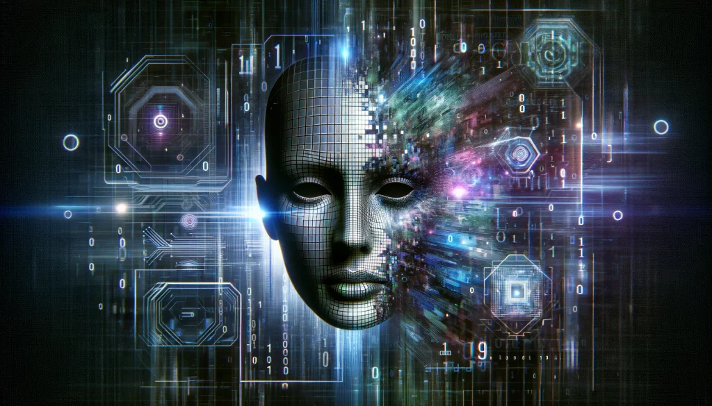 Create an image that abstractly represents deepfake technology. The image should feature a digital face that is partially pixelated or has digital artifacts, symbolizing the alteration and manipulation involved in deepfakes. Surround the face with elements that suggest digital data streams, such as binary code or holographic projections, to emphasize the technology aspect. The background should be futuristic, with a blend of dark and cybernetic tones, reflecting the advanced yet potentially misleading nature of deepfake technology. This visualization should convey both the innovation of AI and the ethical questions it raises without targeting any specific individual.