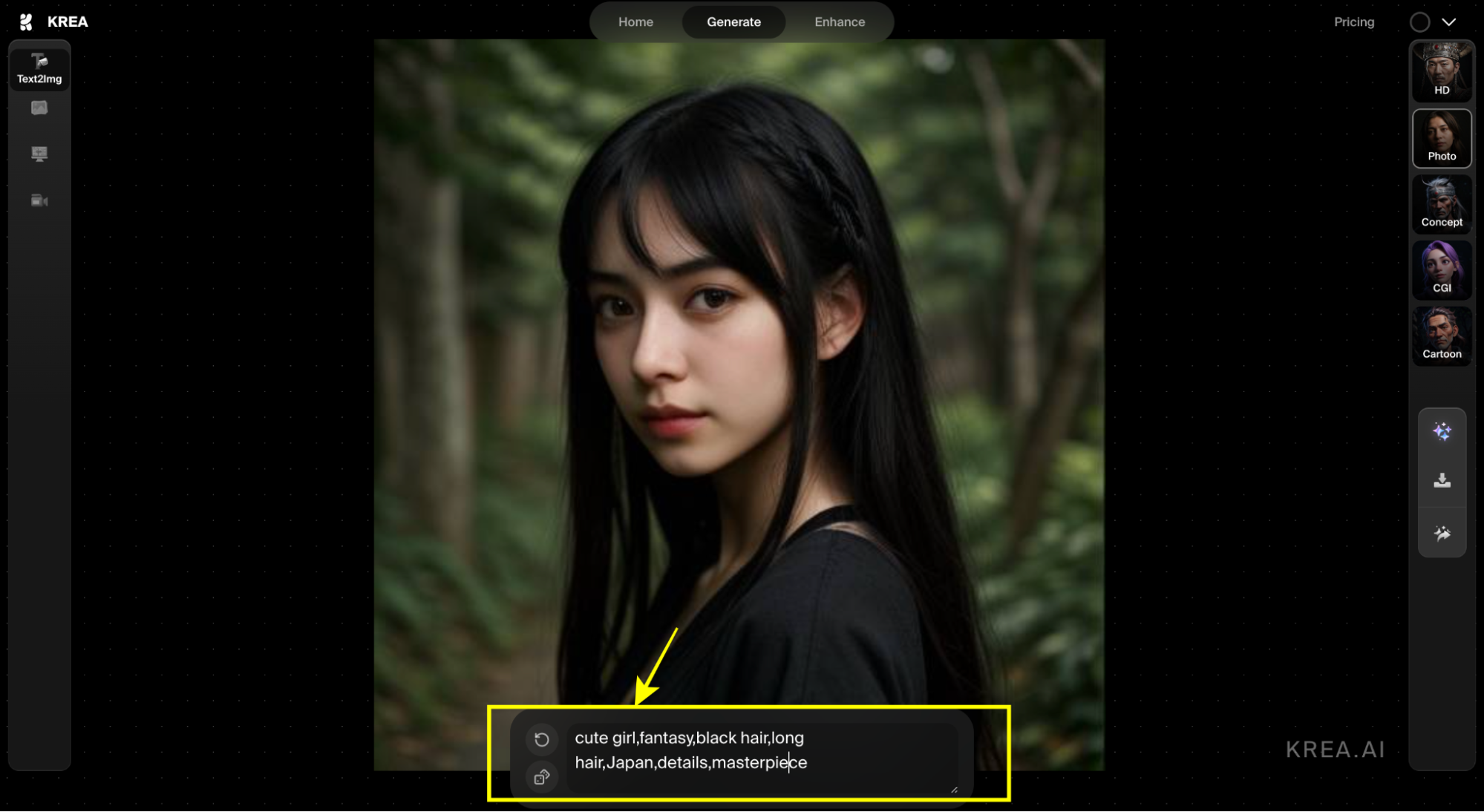 黒髪の女性を作るプロンプトを入力