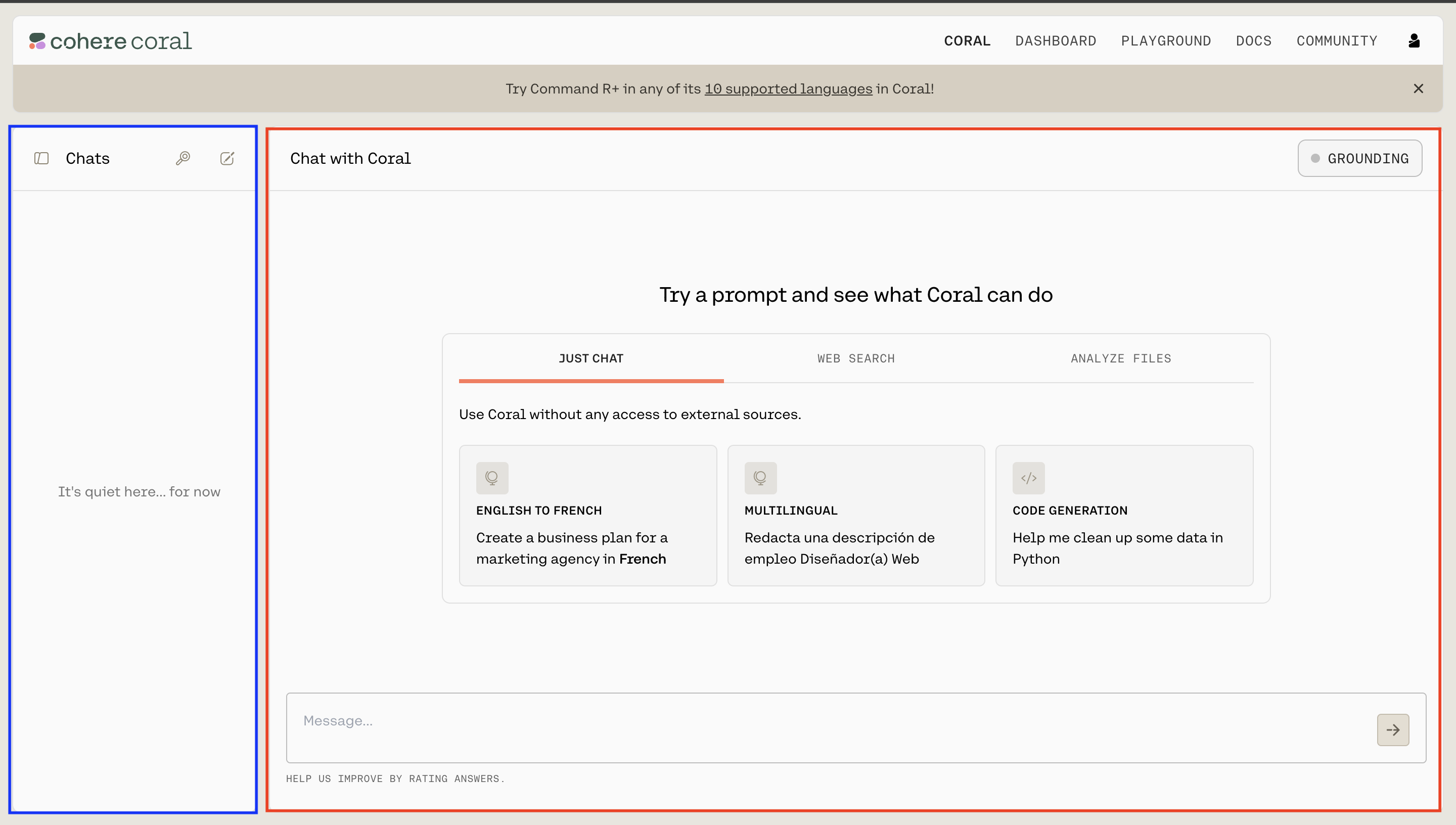 cohereの操作画面左側がチャットで右側がcoralを使うことができる。