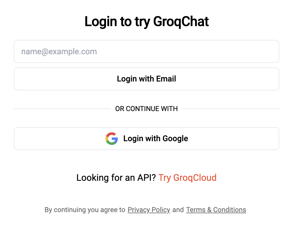GroqのログインのためにはメールアドレスかGoogleアカウントなどと連携する必要がある